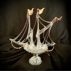 ⛵Hand-Blown Art Glass Sailing Ship with Gold Accents | Murano-Style Sculpture